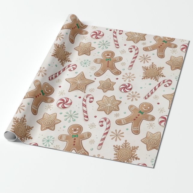 Candy Cane Gingerbread Man Wrapping Paper (Unrolled)