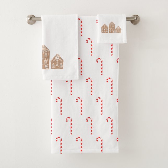 Candy Cane Gingerbread Pattern Bath Towel Set (Insitu)
