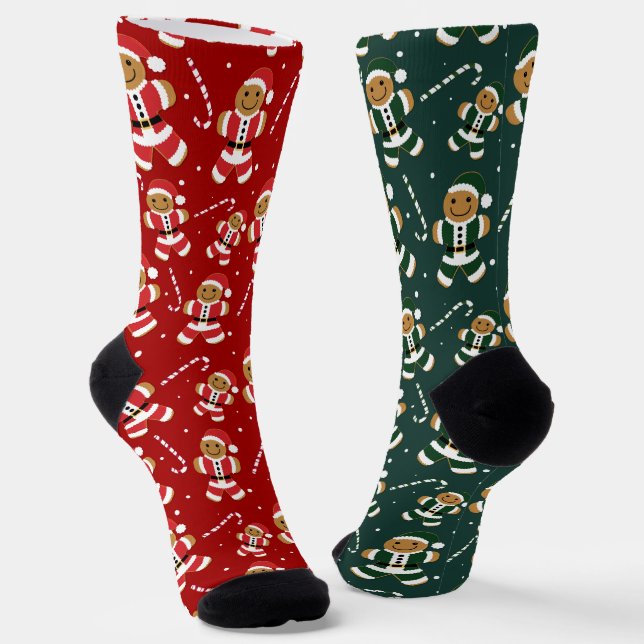 Candy Cane Gingerbread Santa Christmas Socks (Angled)