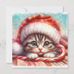 Candy Cane Grey Kitten Christmas Card