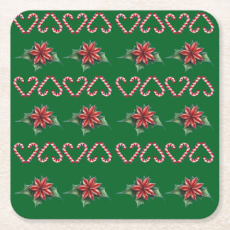 Candy Cane Heart and Holly Pattern – Festive Chris Square Paper Coaster