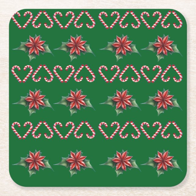 Candy Cane Heart and Holly Pattern – Festive Chris Square Paper Coaster (Front)