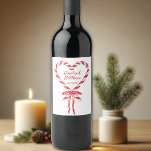 Candy Cane Heart & Bow Custom Christmas Wedding Wine Label