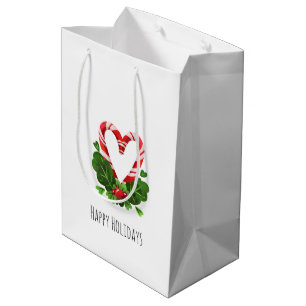 Candy Cane Heart Happy Holidays Festive Christmas Medium Gift Bag