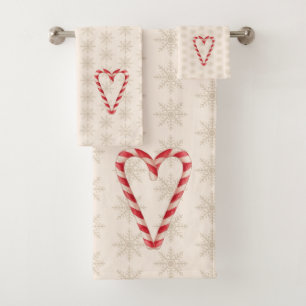 Candy Cane Heart Snowflake Pattern Holiday Bath Towel Set