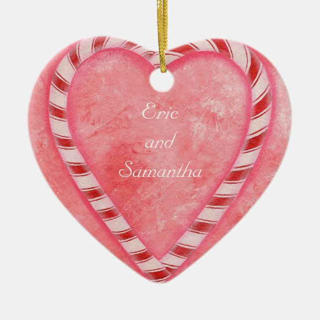 Candy Cane Heart Wedding Ornament, Personalized Ceramic Tree Decoration (Front)