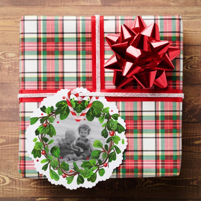 Candy Cane Heart Wreath Photo Merry Christmas Year Tree Decoration Card (Insitu (Gift))