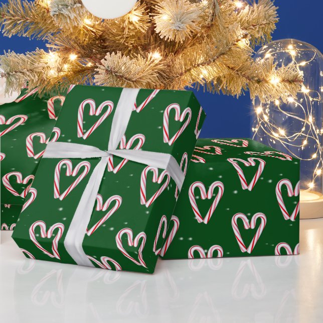 Candy Cane Hearts And Snowflakes On Green Wrapping Paper (Holidays)