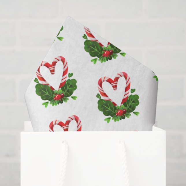 Candy Cane Hearts Happy Holidays Merry Christmas Tissue Paper (Gift Bag)