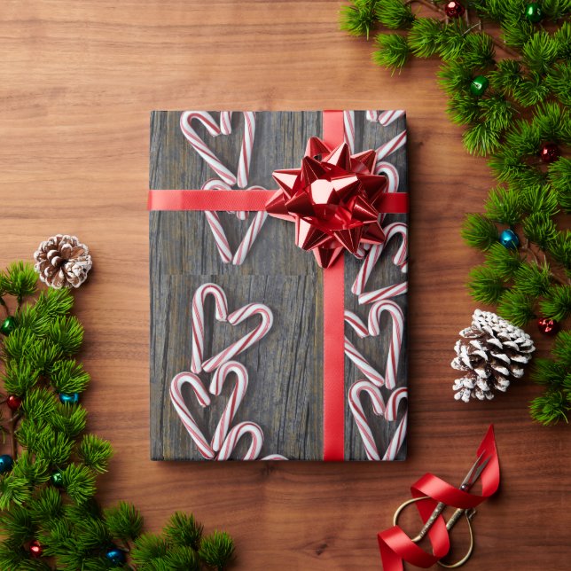 Candy Cane Hearts On Barn Wood Wrapping Paper (Holiday Gift)