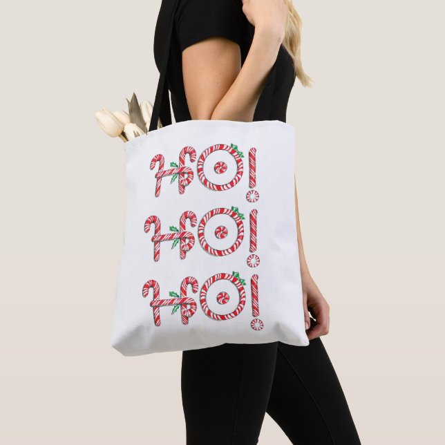 Candy Cane Ho! Ho! Ho! Cute Christmas Tote Bag (Close Up)