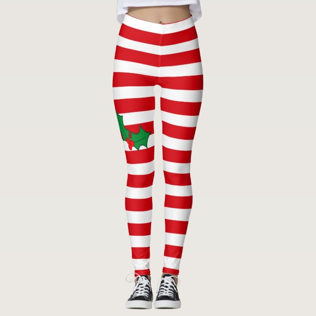 Candy Cane Holly Festive Unique Christmas Holiday Leggings (Front)