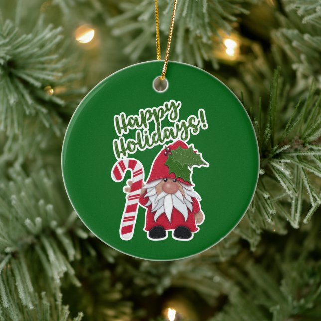 Candy Cane Holly Gnome | Happy Holidays! Ceramic Tree Decoration (Tree)
