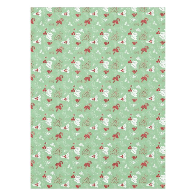 Candy Cane Holly | Green Red Christmas Tablecloth (Front)