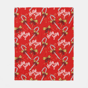 Candy Cane Holly Jolly Modern Festive Christmas Fleece Blanket