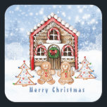 Candy cane house, gingerbread boy, girl square sticker<br><div class="desc">This design features watercolor illustrations of candy cane house,  gingerbread boy and gingerbread girl,  white Christmas trees. All set against a snowy pine forested background in a mysterious mist.</div>