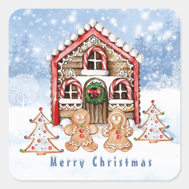 Candy cane house, gingerbread boy, girl square sticker (Front)