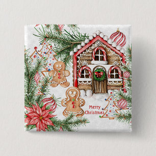 Candy cane house, gingerbread man, poinsettia 15 cm square badge
