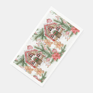 Candy cane house, gingerbread man, poinsettia napkin
