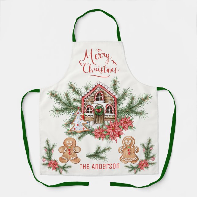Candy Cane House, Gingerbread man Poinsettia Pine Apron (Front)