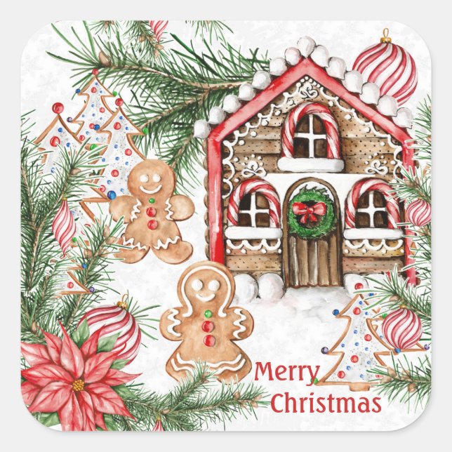 Candy cane house, gingerbread man, poinsettia square sticker (Front)