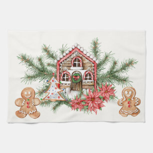 Candy cane house, gingerbread man, poinsettia tea towel