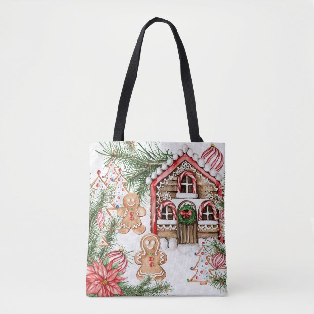Candy cane house, gingerbread man, poinsettia tote bag (Front)