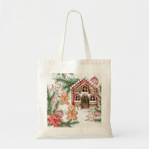 Candy cane house, gingerbread man, poinsettia tote bag