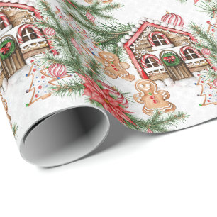 Candy cane house, gingerbread man, poinsettia wrapping paper