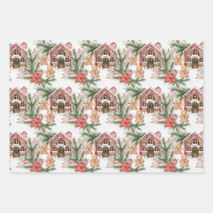 Candy Cane House Gingerbread man Poinsettia Wrapping Paper Sheet