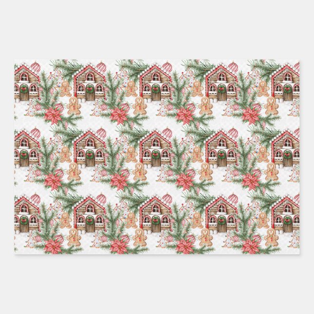 Candy Cane House Gingerbread man Poinsettia Wrapping Paper Sheet (Front)