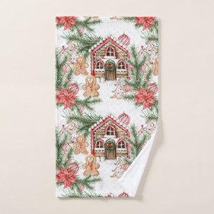 Candy cane house, poinsettia, gingerbread man hand towel
