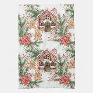 Candy cane house, poinsettia, gingerbread man tea towel