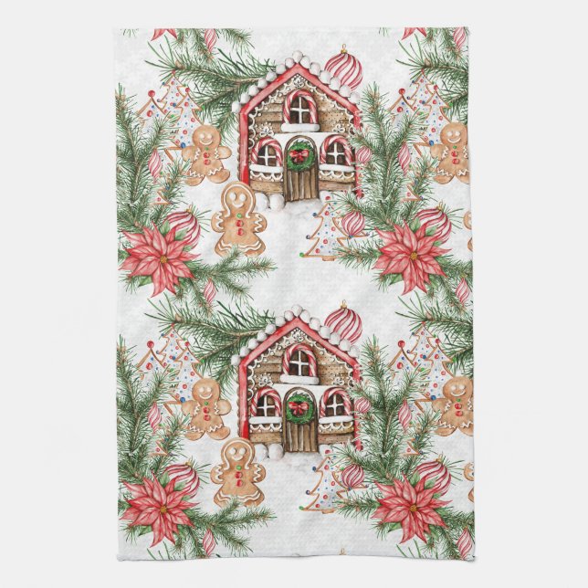 Candy cane house, poinsettia, gingerbread man tea towel (Vertical)