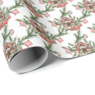 Candy cane house, poinsettia, red baubles, pine wrapping paper