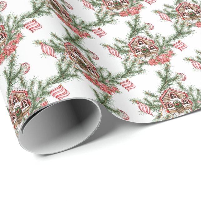 Candy cane house, poinsettia, red baubles, pine wrapping paper (Roll Corner)