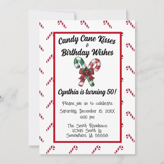 Candy Cane Kisses and 50th Birthday Wishes  Invitation (Front)