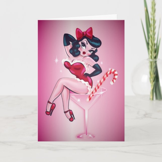 Candy Cane Martini Pin Up Girl Holiday Card (Front)