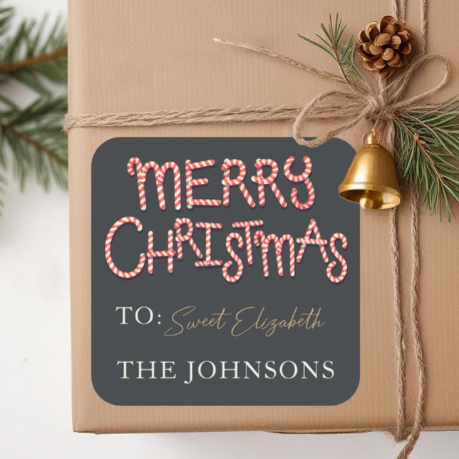 Candy Cane Merry Christmas Gift Sticker Tag (Square Christmas Gift Tag)