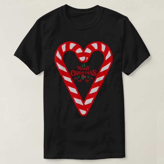 Candy Cane Merry Christmas Red and White Candy Hea T-Shirt (Design Front)