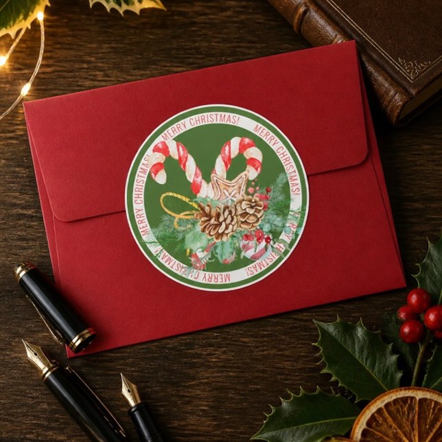 Candy Cane Merry Christmas Round Sticker (Creator Uploaded)