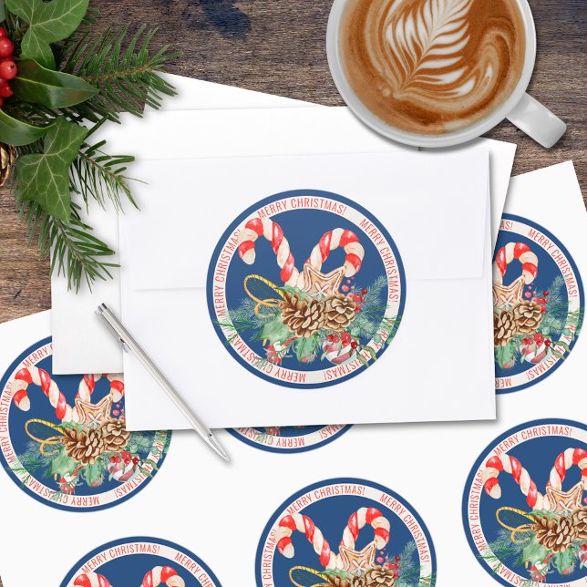 Candy Cane Merry Christmas Round Sticker (Blue) (Creator Uploaded)