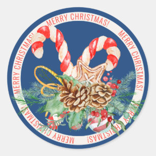 Candy Cane Merry Christmas Round Sticker (Blue)