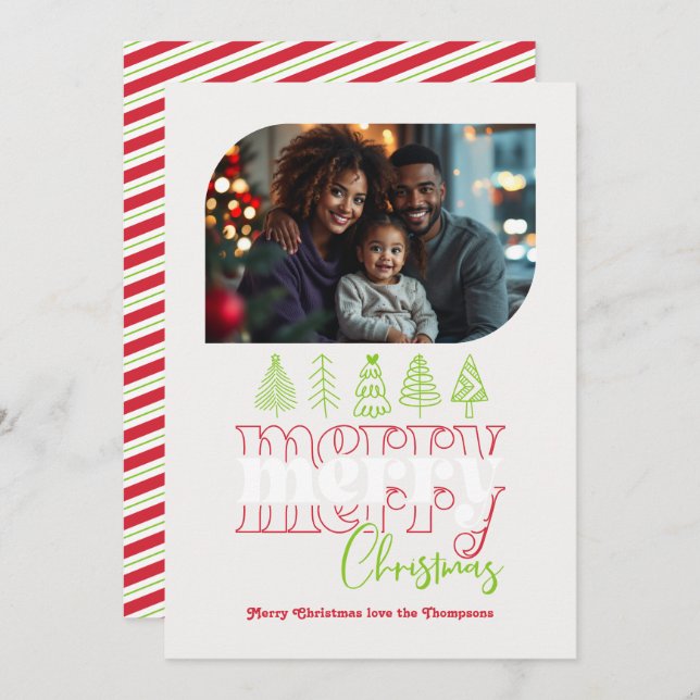 Candy Cane Modern Retro Doodle Christmas Photo Holiday Card (Front/Back)