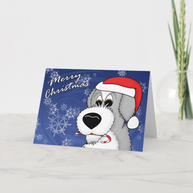 Candy Cane Old English Sheepdog Christmas Card (Front)