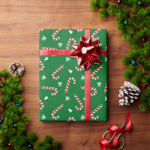 Candy Cane Pattern on Green Background Wrapping Paper