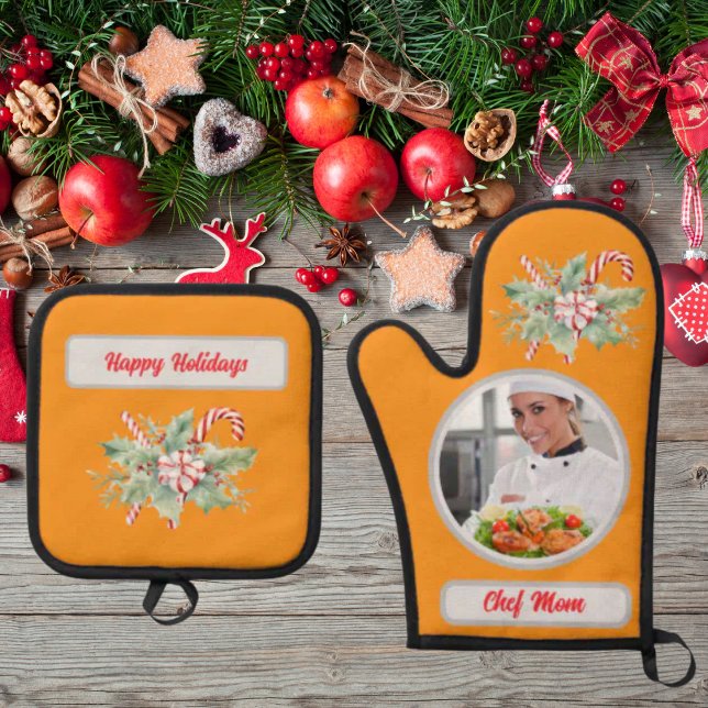 Candy Cane Personalised Chef Mum Photo Christmas Oven Mitt & Pot Holder Set (Creator Uploaded)