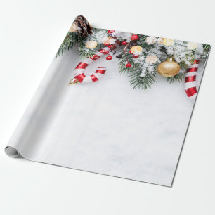 Candy Cane,Pine Tree Branches,Balls Wrapping Paper