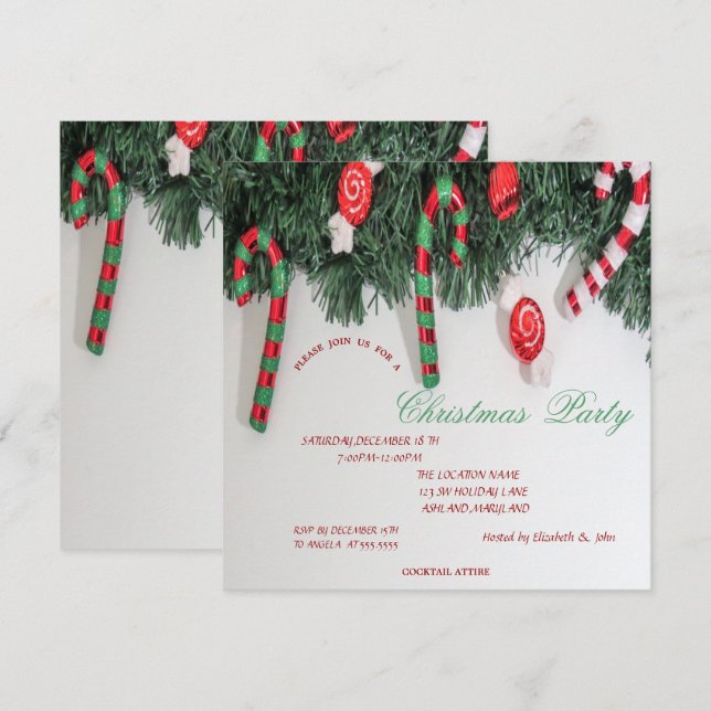 Candy Cane ,Pine Tree Christmas   Party Invitation (Front/Back)