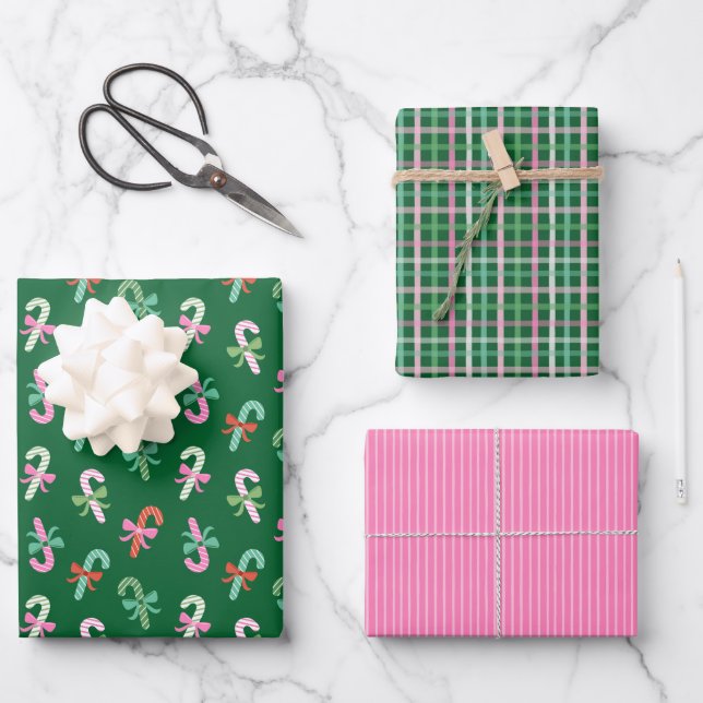 Candy Cane Plaid & Bows Pink & Green Christmas Wrapping Paper Sheet (Front)